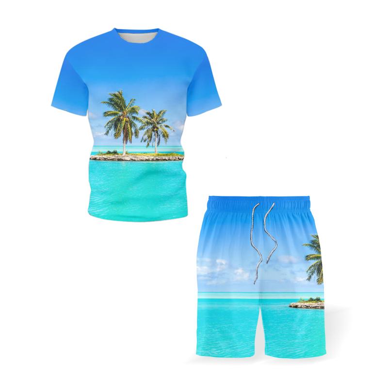 Men's Tracksuits Beach Casual Sports Outfits Summer Trendy Short Shirt Mens Sets Straw Shed Sea View Printed Male Tshirt Shorts 2-Piece Set