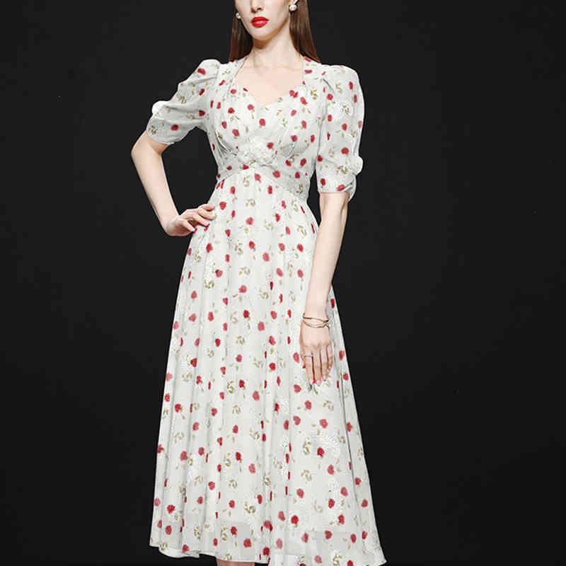 Summer Women Long Vintage Chiffon Floral Dress Runway Elegant Boho Retro Casual High Waist Slim Vacation Dresses Robe 210519