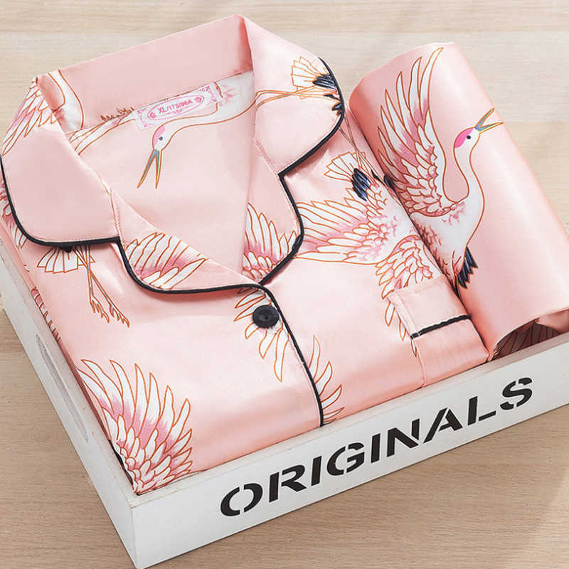 Silk pjs for Women's Satin Pyjama Pajama Set Long Sleeve Casual Sleepwear Nightwear Comfortable Animal Loungewear Satin M-5XL 210928
