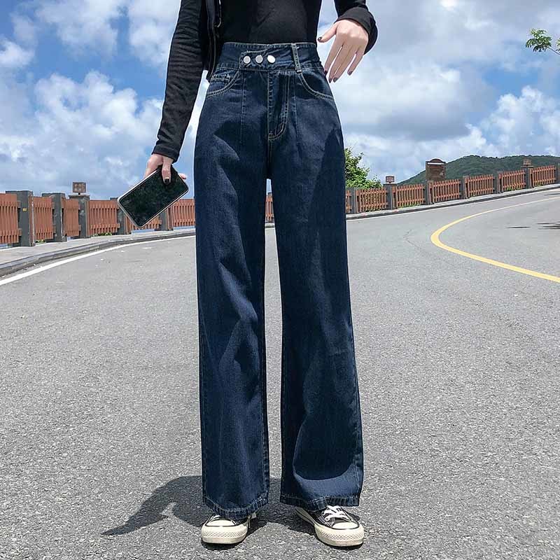 Autumn Chic Clothes Allmatch with Pocket Fashion High Waist Jeans Casual Woman Loose Wide Leg Denim Trousers 10737 210518