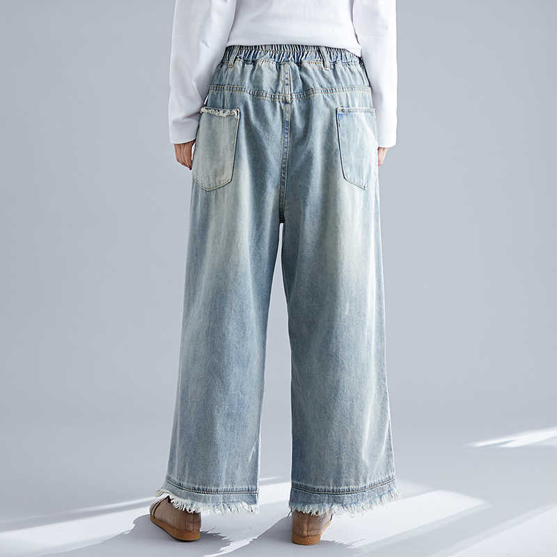 7042 Women Spring Summer Fashion Korea Style Elastic Waist Printed Frayed Patchwork Ankle Length Denim Lady Casual Loose Jeans 210922