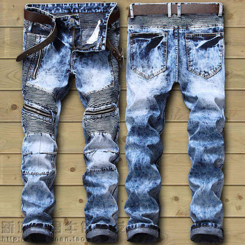 Dropshipping Fashion New Biker Jeans Men's Distressed Stretch Ripped Hip Hop Slim Fit Holes Punk Denim Cotton Pants X220214