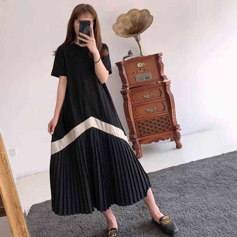 Spring Line Pattern Pleated Round-neck Short Sleeve Korean Style Casual Mid-calf Length Dress For Women 2A3009 210526