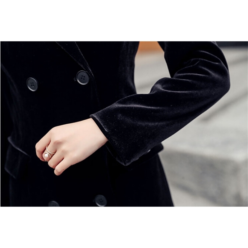Autumn And Spring Black Velvet Slim Long-Sleeved Vintage Double-Breasted Coat 210520