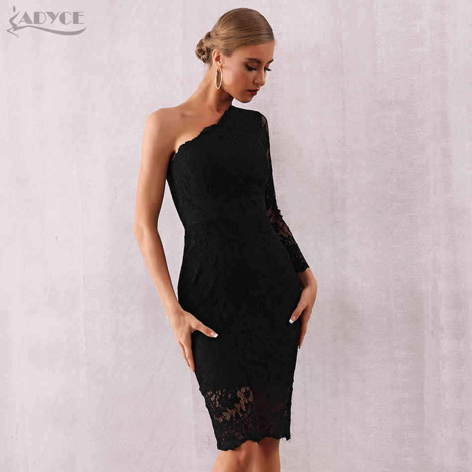 Autumn One Shoulder Lace Bandage Club Dress Women Vestidos Sexy Elegant Black Long Sleeve Celebrity Party Dresses 210423
