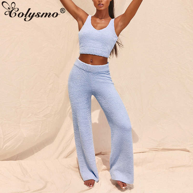 Colysmo Knitted Crop Top And Flared Pants Two Piece Sets Women Autumn Home Wear 2 Outfits Casual Sweater Set 210527