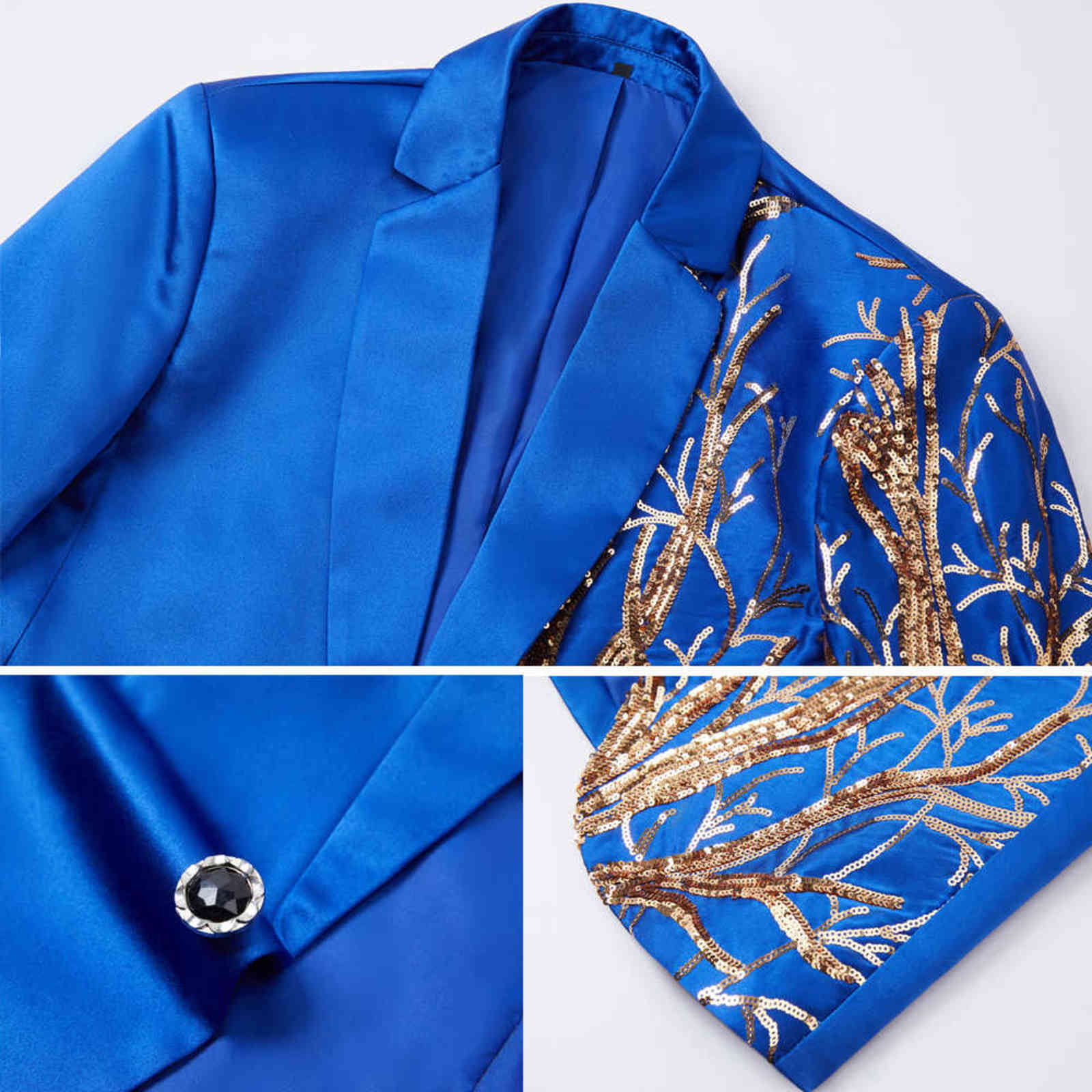 Men Suit Sequins Blazer Men's royal blue Club Party Singers Fit Suit Jacket Male Business Stage Shiny Costume Wedding Suits 211120