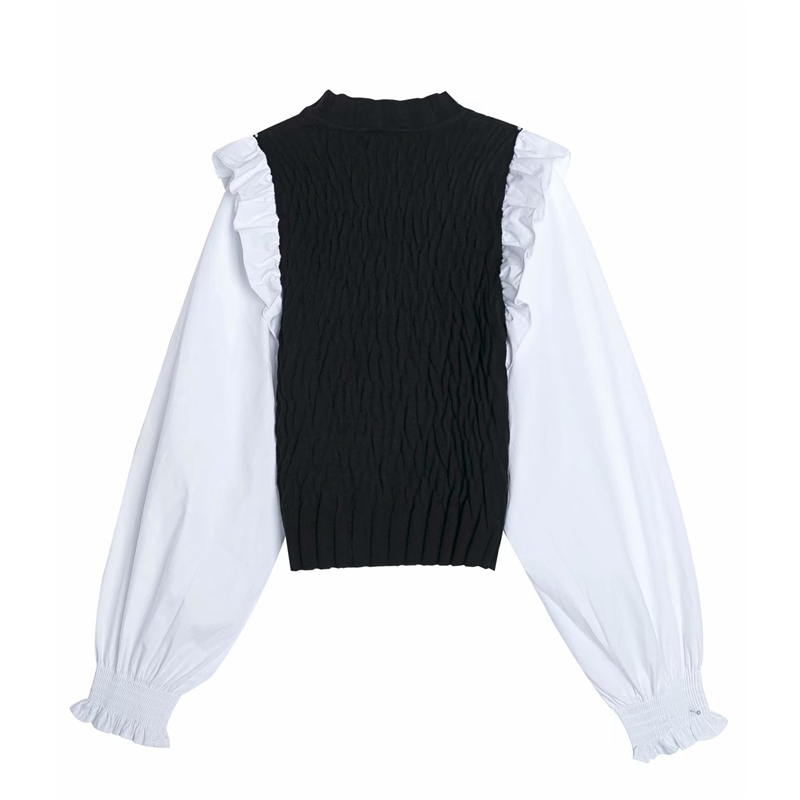 Elegant Women Knitted Patchwork Shirts Fashion Ladies Stand Collar Cotton Tops Streetwear Female Chic Ruffles Blouses 210430