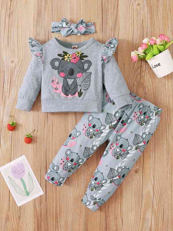 Baby Koala And Floral Print Ruffle Trim Pullover & Sweatpants With Headband SHE