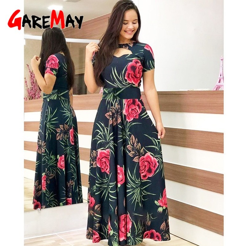 Spring Summer Women Fashion Floral Print Maxi Dress Short Sleeve Casual Black Elegant Prom Sexy Long Female Vintage 210428