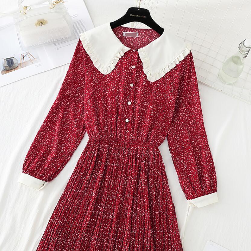Sweet Doll Collar Chiffon Dresses Spring Elastic High Waist Floral Print Mid-length Dress Elegant Slim Pleated Women Dress 210521