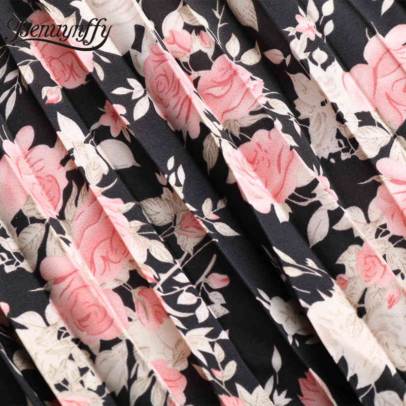 Crew Neck Floral Print Belted Midi Dresses Summer Fashion Casual Women Short Sleeve High Waist Pleated Dress 210510