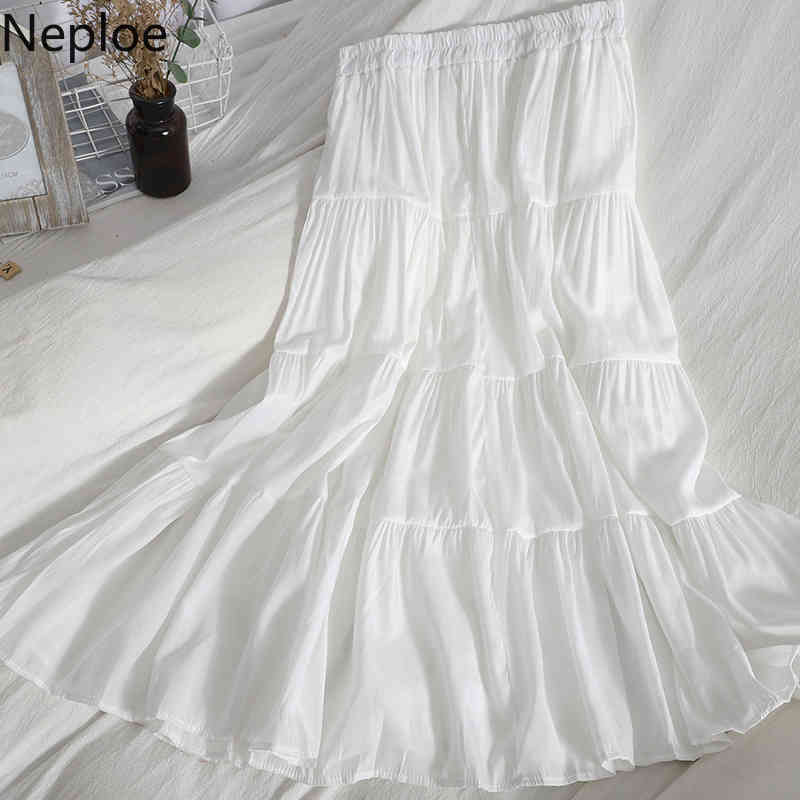 Neploe Ruffle Patchwork Skirts Women Elastic High Waist A-line Big Swing Faldas All-match Thin Solid Color Pleated Skirt Female 210422