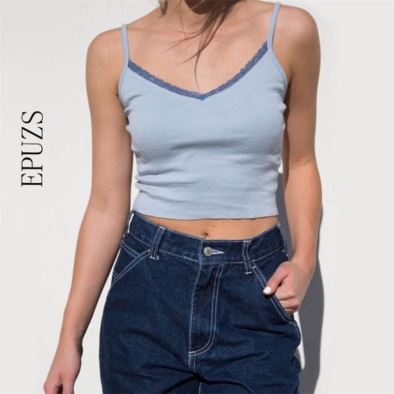 Sexy V-neck Lace Cami Top summer crop rop casual white blue croped tank top women lace tee 210521