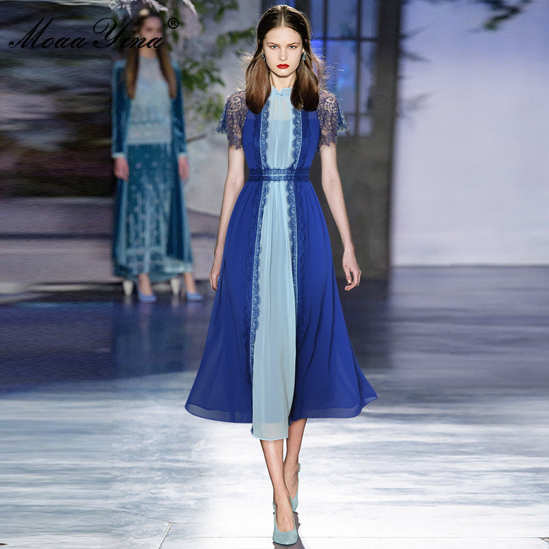 Fashion Runway Summer Splicing Chiffon Midi Dress Women Lace Short sleeve High waist A-Line Party 210524