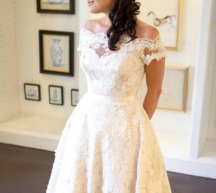 1950s Vintage Tea Length Wedding Dress Off Shoulder Short Sleeve Full Lace A Line Short Bridal Gowns Custom Size 2021