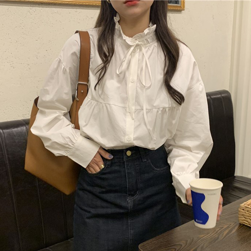 Nomikuma Spring New Women Doll Shirt Causal Ruffle Stand Neck Puff Long Sleeve Blusas Femme Single Breasted Blouses 6E159 210427