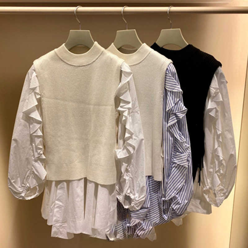 Spring Office Lady 2 Pcs Women Set Elegant Long Sleeve Ruffles Draped Shirt + O Neck Sleeveless Knit Vest Loose Suit 210525