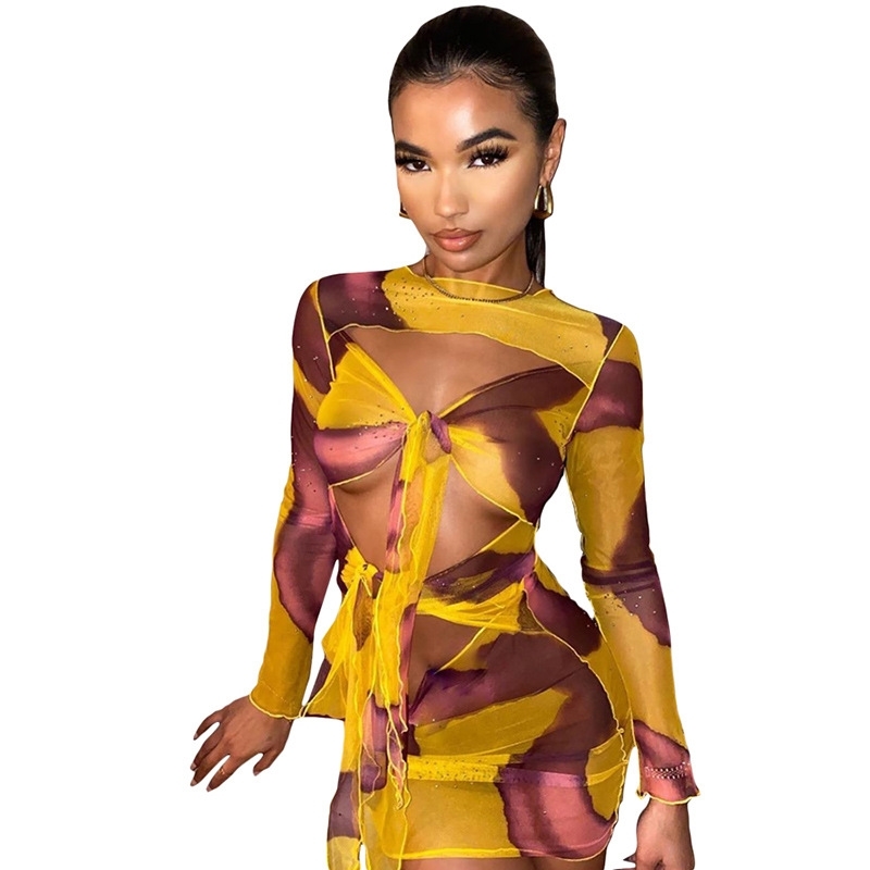 Ins European and American style spring women's sexy hollow out perspective screen slim print dress 210602