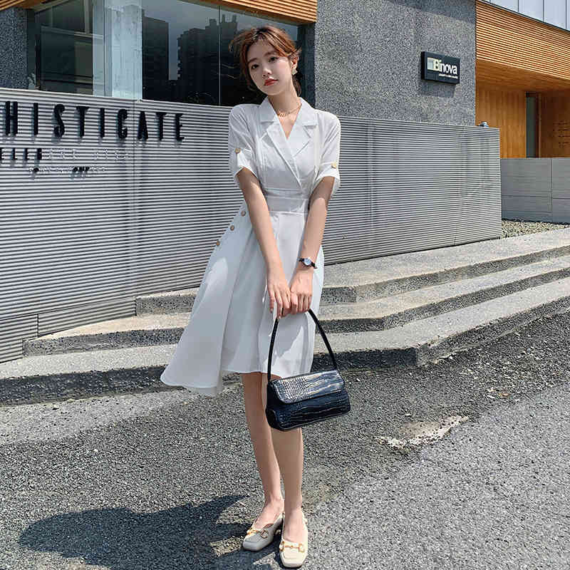 Summer Women Dresses Fashion Vintage Notched Collar Office OL High Waist Irregular Casual White Chic Dress Robe 210519