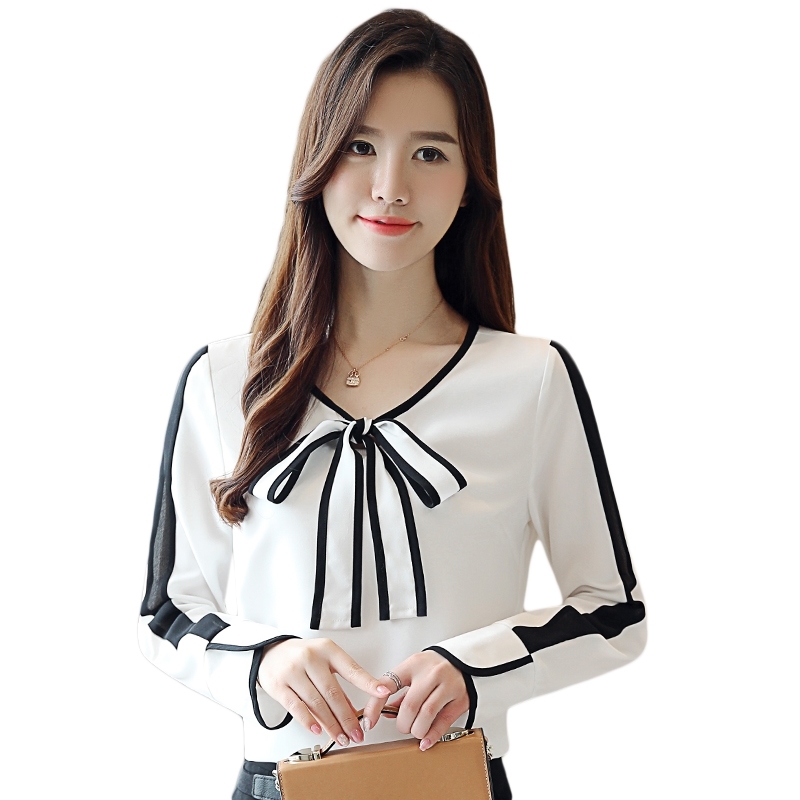 Fashion Womens Tops And Blouses Chiffon Long Sleeve Shirt White Bow V-neck OL Blusas 1026 40 210508