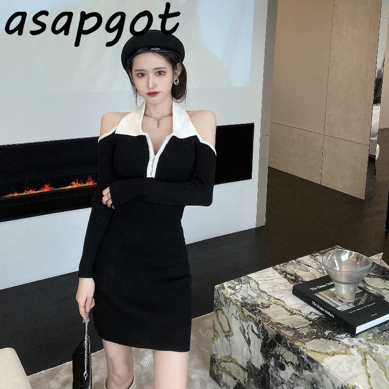 Sexy Full Sleeve Zipper Off The Shoulder Halter Knitted Dress Women Backless Slim Patchwork Contrast Casual Retro Vestidos 210429