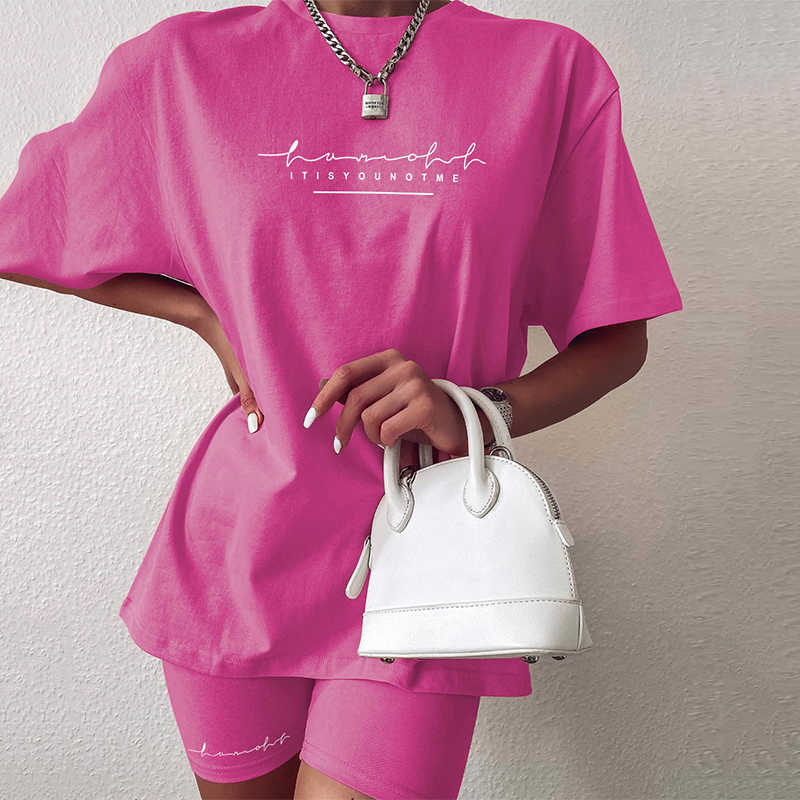 Darlingaga Casual Letter Print Workout Two Piece Set Tracksuit Women Summer Oversized Tshirt and Biker Shorts Matching Sets T200722