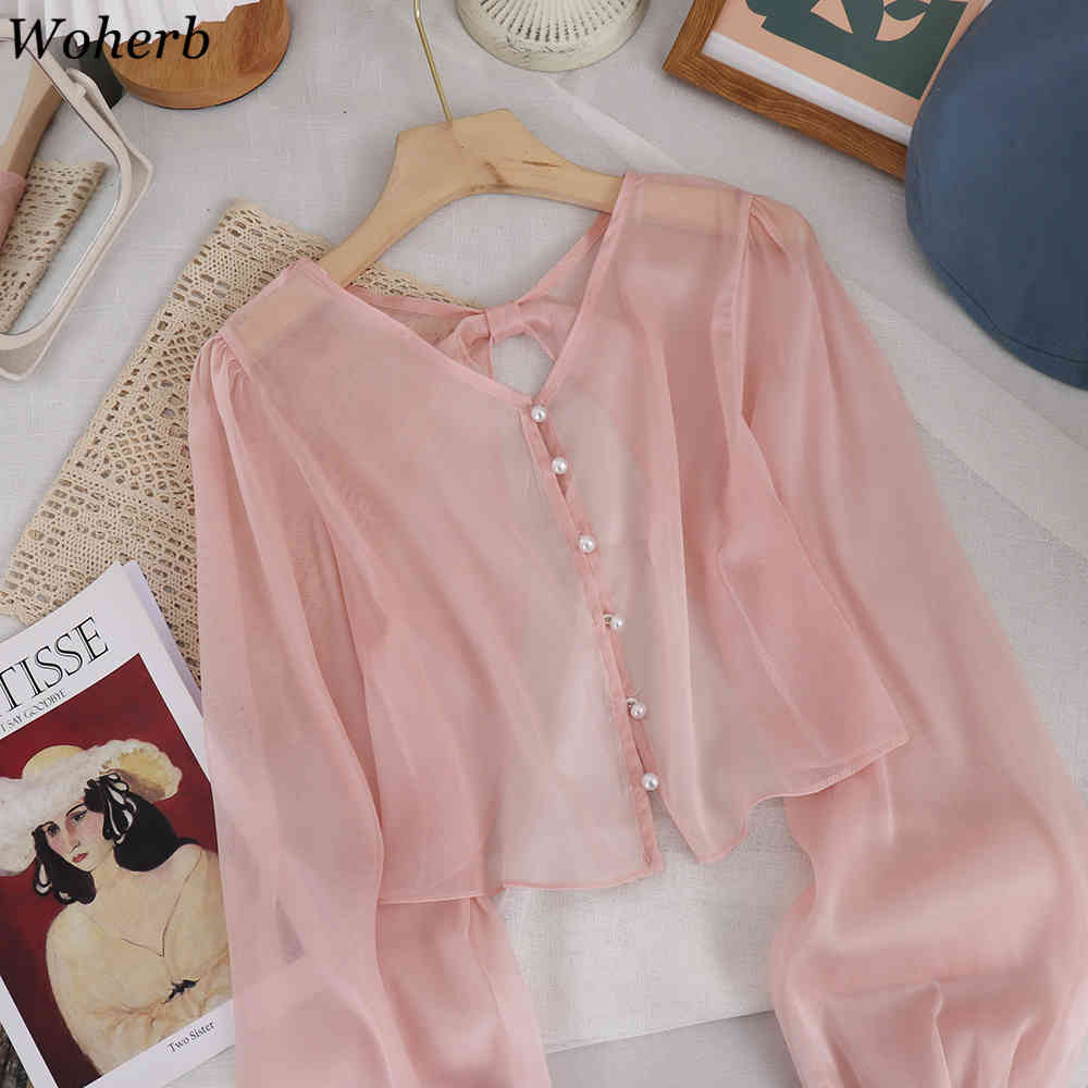 Korean Crop Tops Women Thin See Through Sunscreen Shirts Cardigan Hollow Out Backless Blusas Long Sleeve Chic Blouses 210519