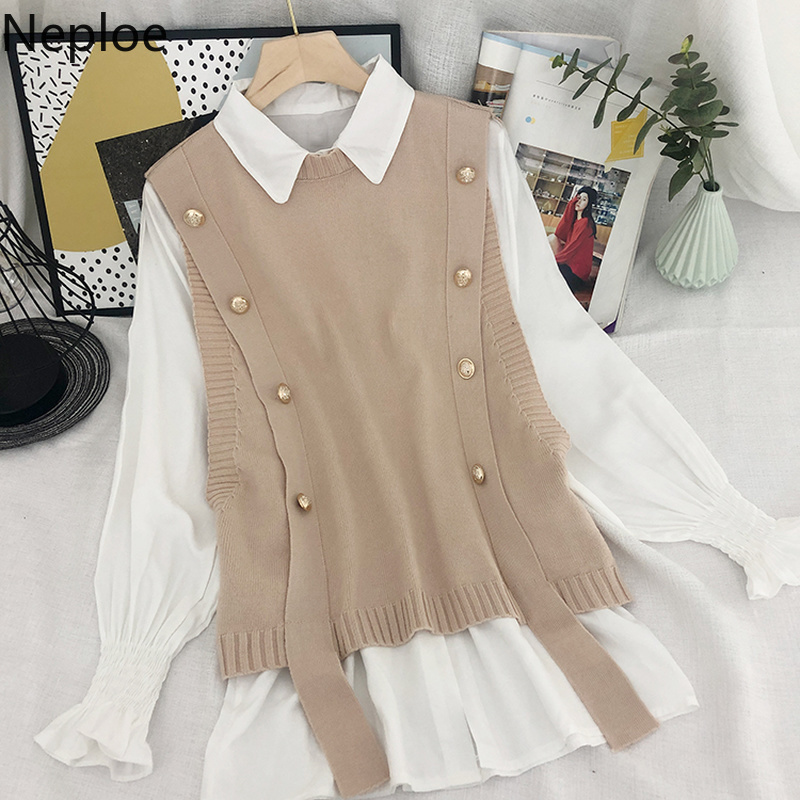 Neploe Korean Suit 2 Piece Set Women Preppy Style Loose Woman Clothes White Shirt Tops Knit Sweater Vest Two Piece Set Blouses 210422