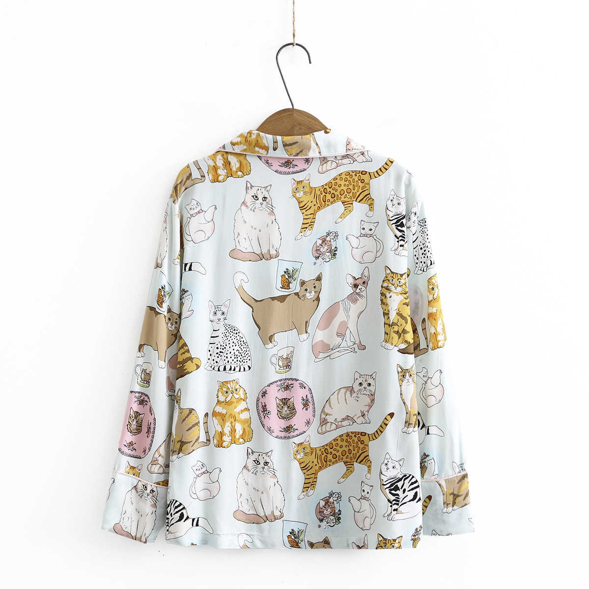 Pajamas Women Set Autumn Cute Cat Animal Print Home Clothes Cotton Silk Loose and Comfortable Ladies Dormir Pajamas 211007