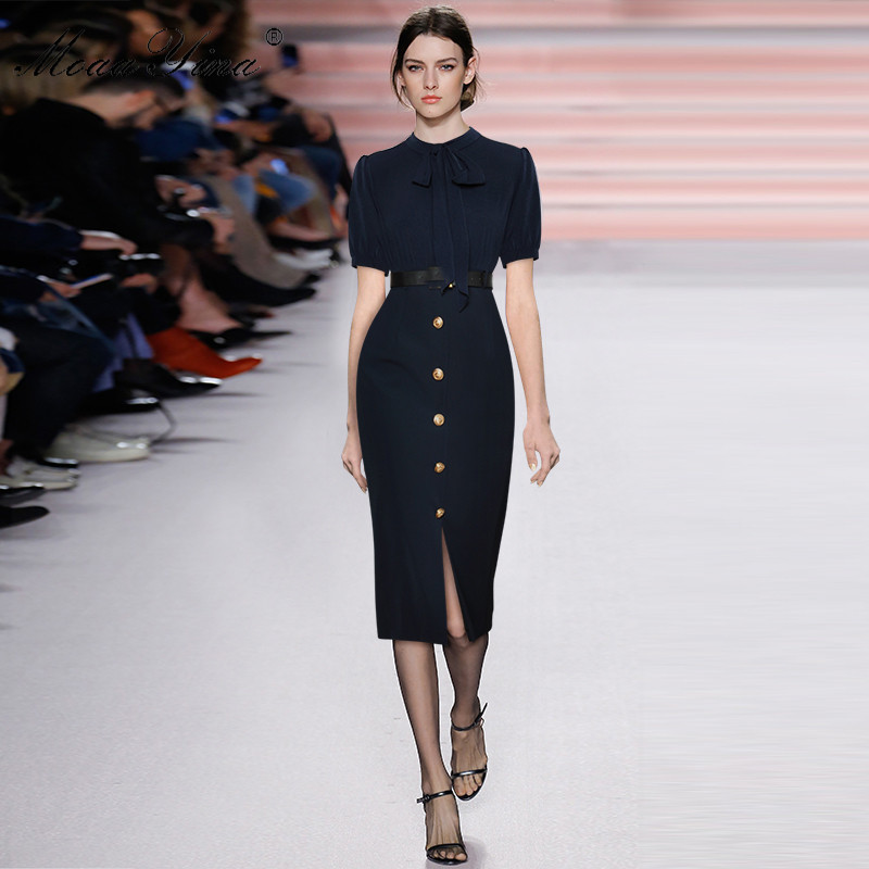 Moaa Yina Summer Fashion Elegant Office Wear Party Dress Women Short sleeve Sashes High waist Slim Pencil Midi 210524