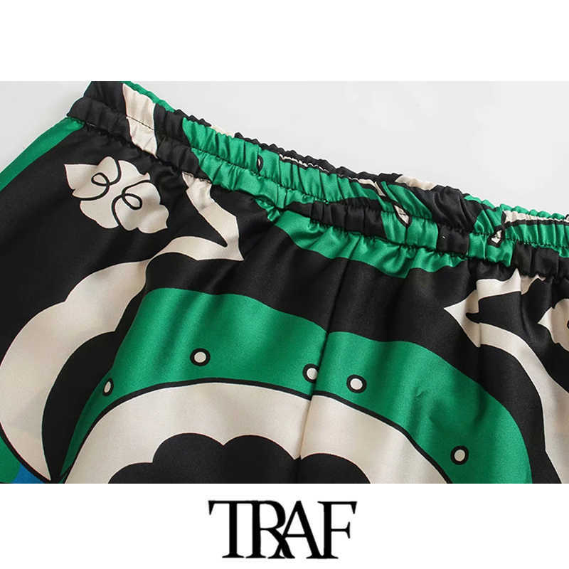 TRAF Women Fashion Side Pockets Printed Bermuda Shorts Vintage High Elastic Waist Vents Female Short Pants Mujer 210724