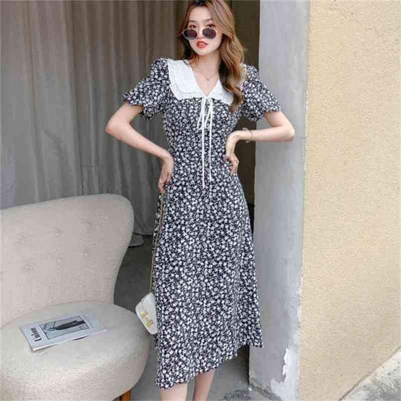 Summer Boho Dress Women's Vintage Sweet Bow Peter Pan Collar Floral Print Chiffon Casual Midi Robe Vestidos 210519