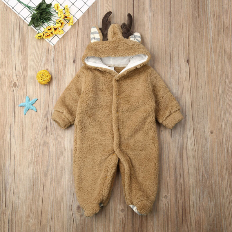 0-18M Autumn Winter born Infant Baby Girls Boys Romper Christmas Deer Jumpsuit Warm Plush Long Sleeve Clothes 210515
