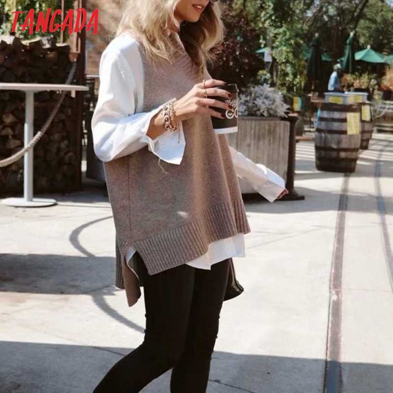 Tangada Women Fashion Solid Oversized Long Knitted Vest Sweater V Neck Sleeveless Female Waistcoat Chic Tops 2X04 210812