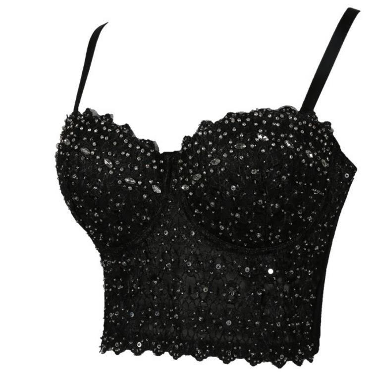 Women's Lace Rhinestone Bustier Crop Top Camis Clubwear Sexy Mesh Corset Push Up Bra Fashion Tanks Champagne Black White XS-L