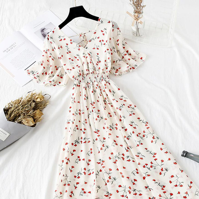 Summer Dress Women Short Sleeve Ruffled Chiffon Dresses Elegant Vestidos Sexy V-neck Floral Print Beach Midi Dress 210521