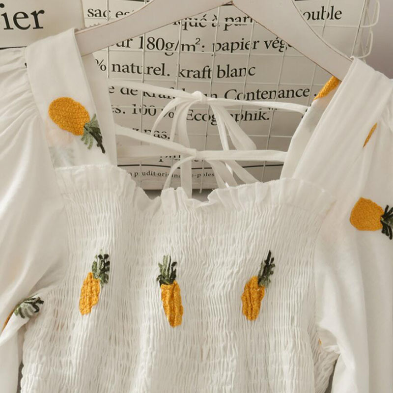 Women Summer Dress Sweet Square collar Pineapple Print Dresses Ruffles A-line High Waist Dress Elegant Vestidos Clothes 210521