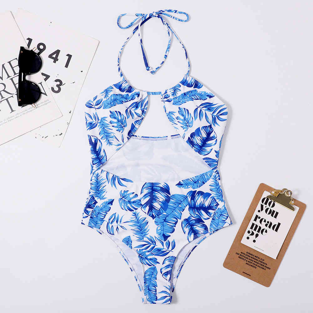 Print Swimwear Swimsuit Women Backless Monokini Hollow Out Bodysuit Beach High Waist Bathing Suit Green 210520