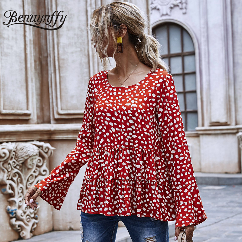 Casual Dot Print Long Sleeve Blouse Women Autumn Round Neck Pleated Shirts Female Clothes Loose Tops and Blouses 210510
