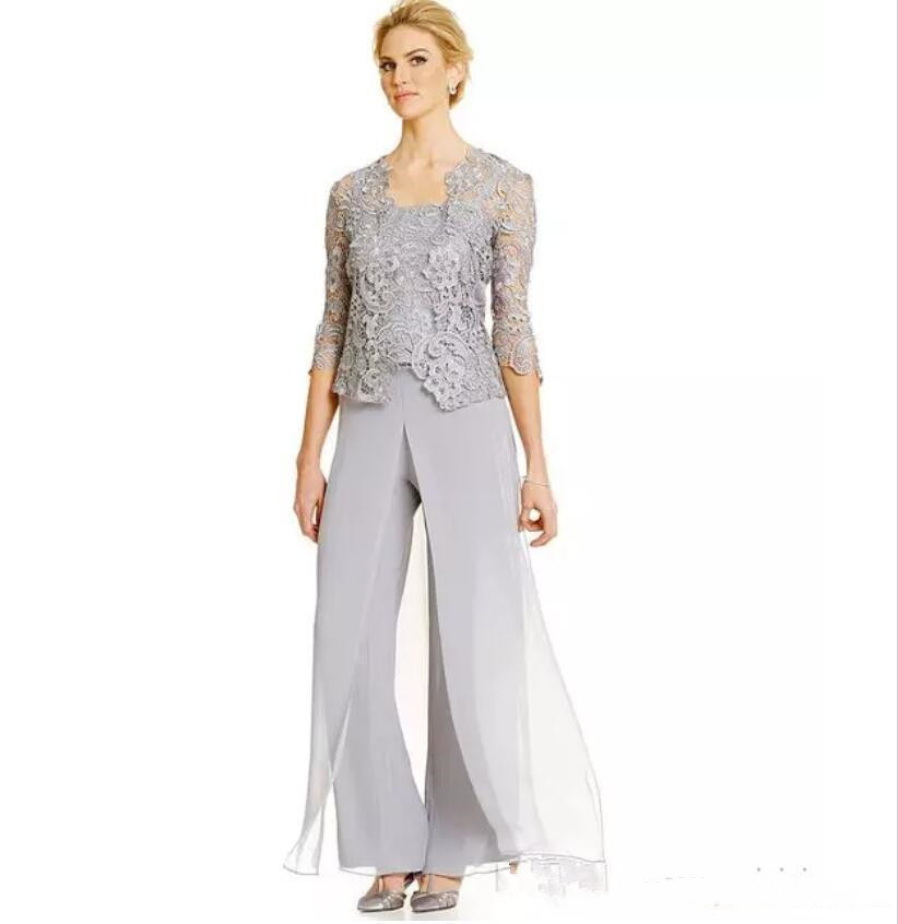2022 Three Pieces Mother's Dresses Lace Chiffon Mother Of the Bride Pant Suit Dress Scalloped With Jacket Gowns