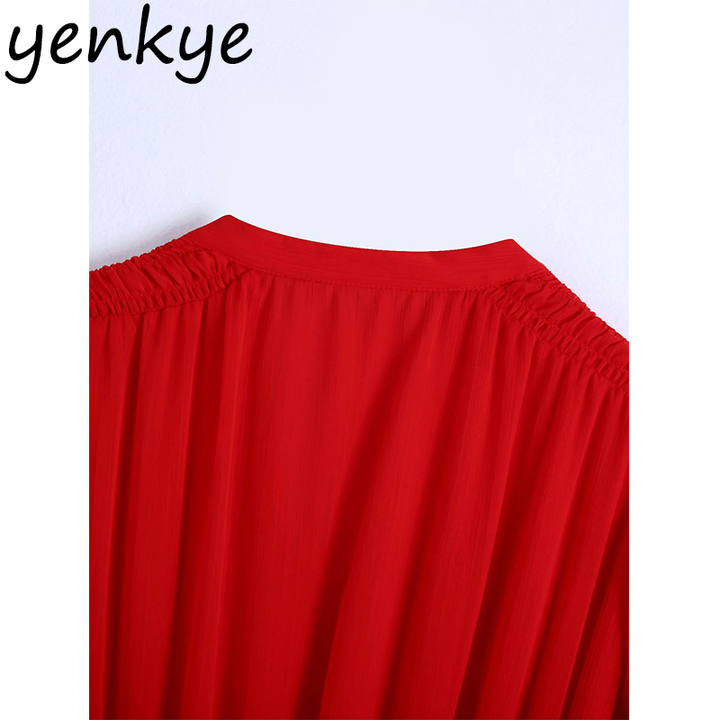 Spring Women Elastic Waist Red Dress Female Short Sleeve V Neck A-line Chiffon Long Party vestido 210430