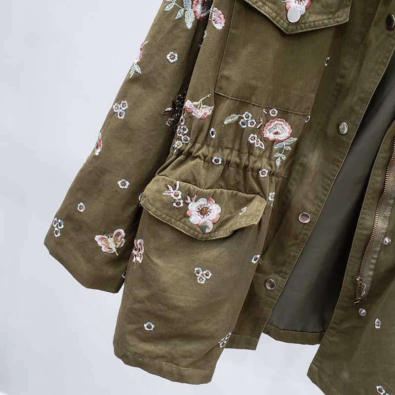 Autumn Streetwear Fashion Embroidery Flowers Beading Trench Coat Women Mid Long Tooling Drawstring Black Windbreaker Female 210914