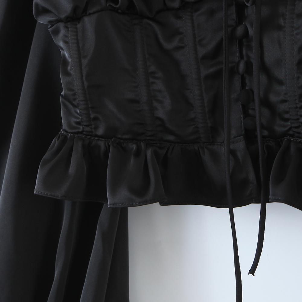 Vintage Long Sleeve Bandage Cross Lacing up Cropped Shirt Women French style Ladies Wood ears Dropped Slim Crop Top Sexy blouses 210429