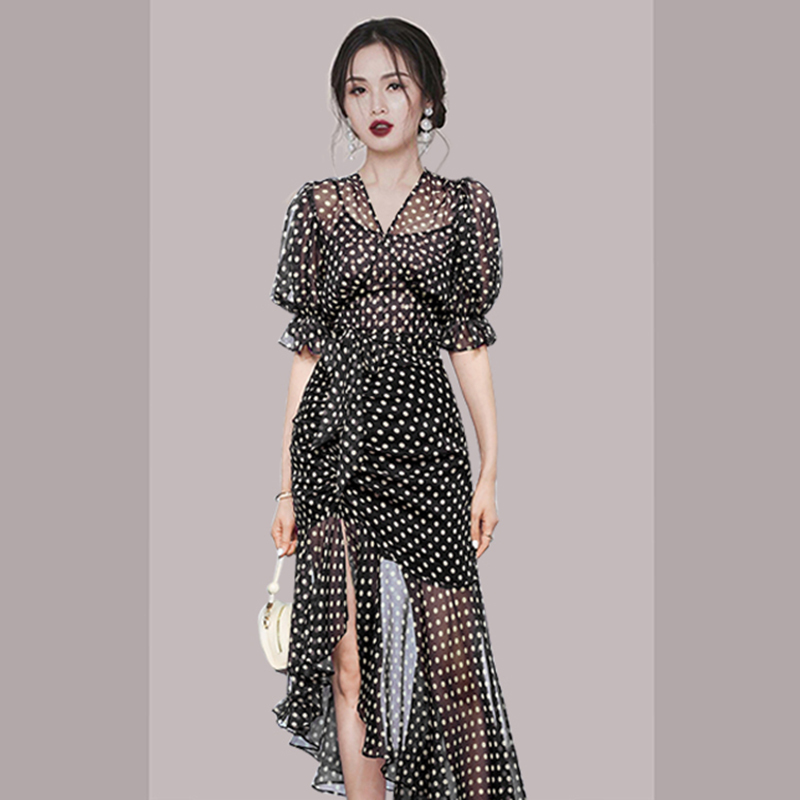 Vintage V-Neck Polka Dot Printed Chiffon Drawstring Midi Dress Women Elegant High Waist Slim Ruffle Vestidos Fashion Summer 210519