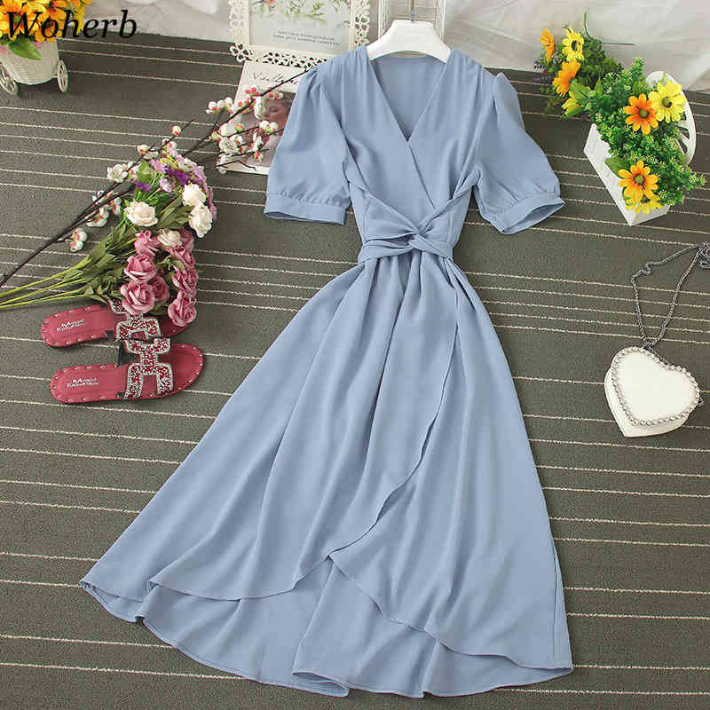 V-neck Chic Short Sleeve Dress Women Solid Bandage Waist Vestidos Casual All Match Asymmetrical Dresses Summer Robe 210519