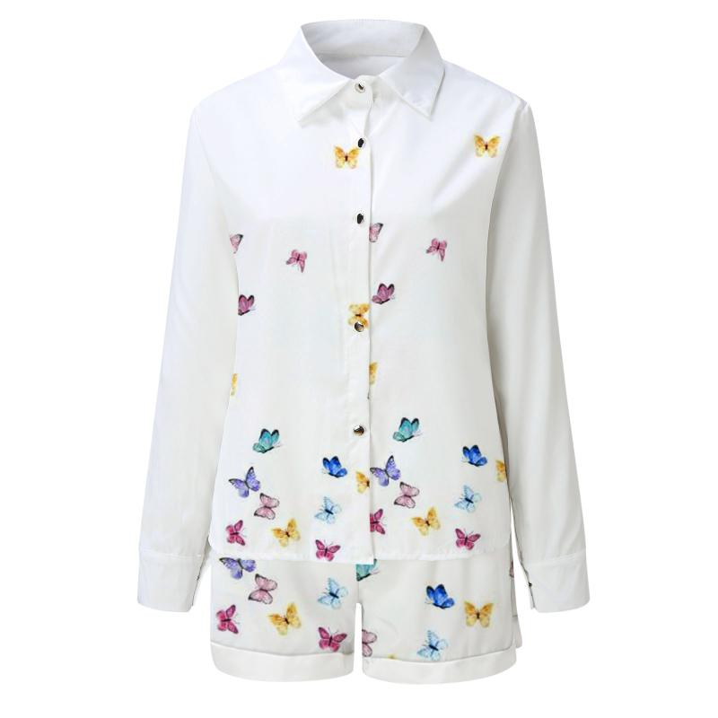 Women's Tracksuits Women Printing Long Sleeve Shorts Set Buttoned Shirt Top Design V-neck Two Piece Moda Mujer 2021 #G3