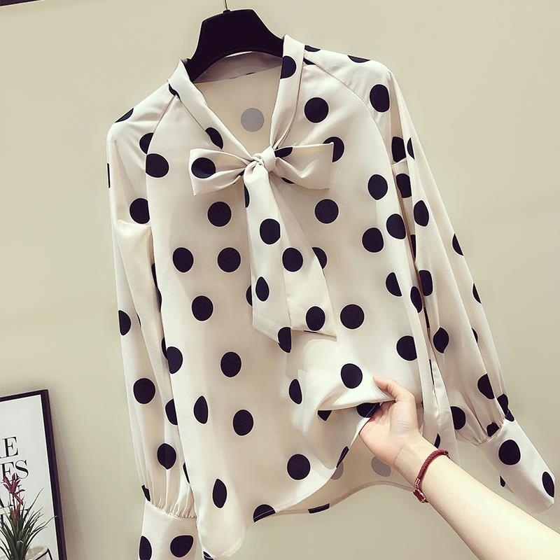 Women Spring Autumn Style Chiffon Blouses Shirts Lady Casual Bow Tie Collar Polka Dot Printed Blusas Tops DF3013 210317
