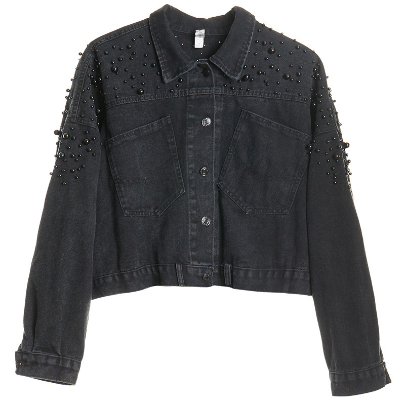 women denim jacket black loose beading short coat Spring Autumn styled jeans coats female 210524