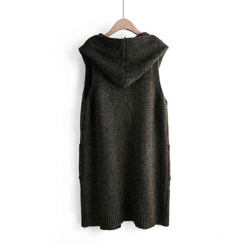 Women Outwear Knitted Vest Hooded Autumn Winter WaistCoat Long Solid Open Stitch Sleeveless Cardigan Female Vests Sweater 211120